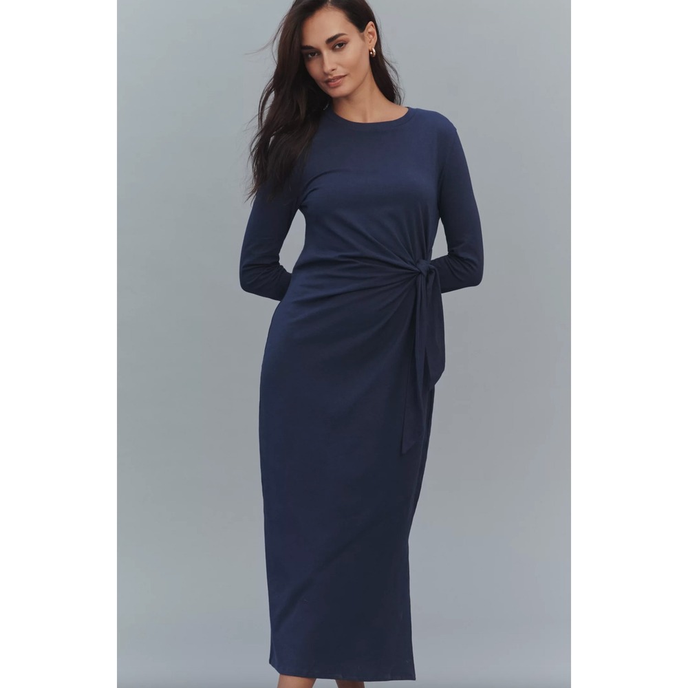 NEW Anthropologie Daily Practice Tie Breaker Long Sleeve Midi Dress Navy Blue XS
